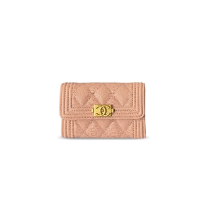CHANEL BOY CHANEL FLAP CARD HOLDER GRAINED CALFSKIN PEACH PINK A80603 (11*8.5*3cm)